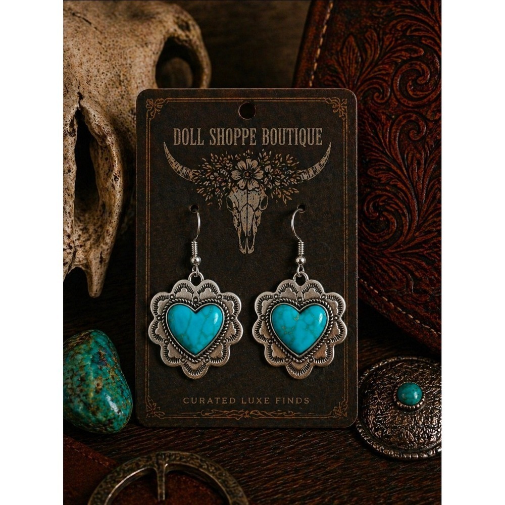 Western Turquoise Heart Earrings – Silver Boho Dangle Earrings | 1.25" pendant